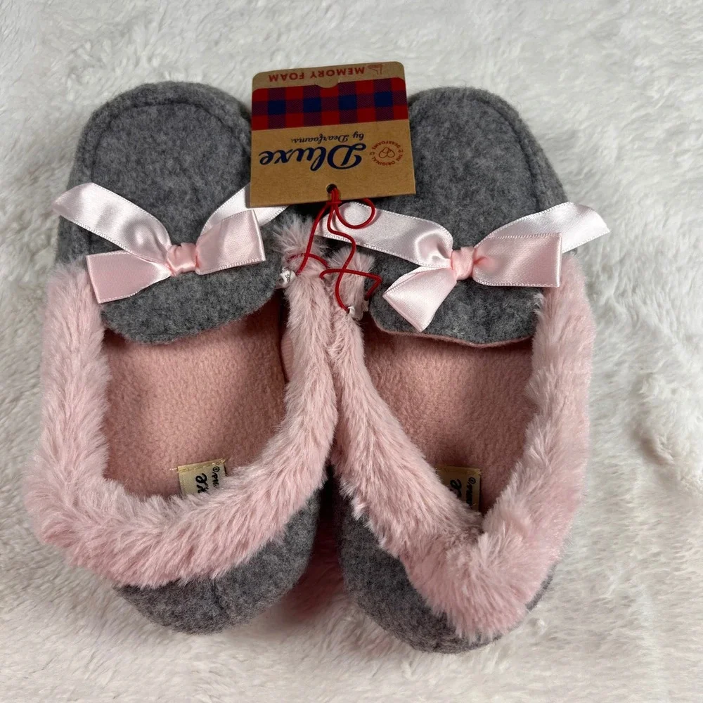 Dluze by Dearfoams Memory Foam Slippers Pink Bow Gray Cozy Plush‎ Size US 13-1